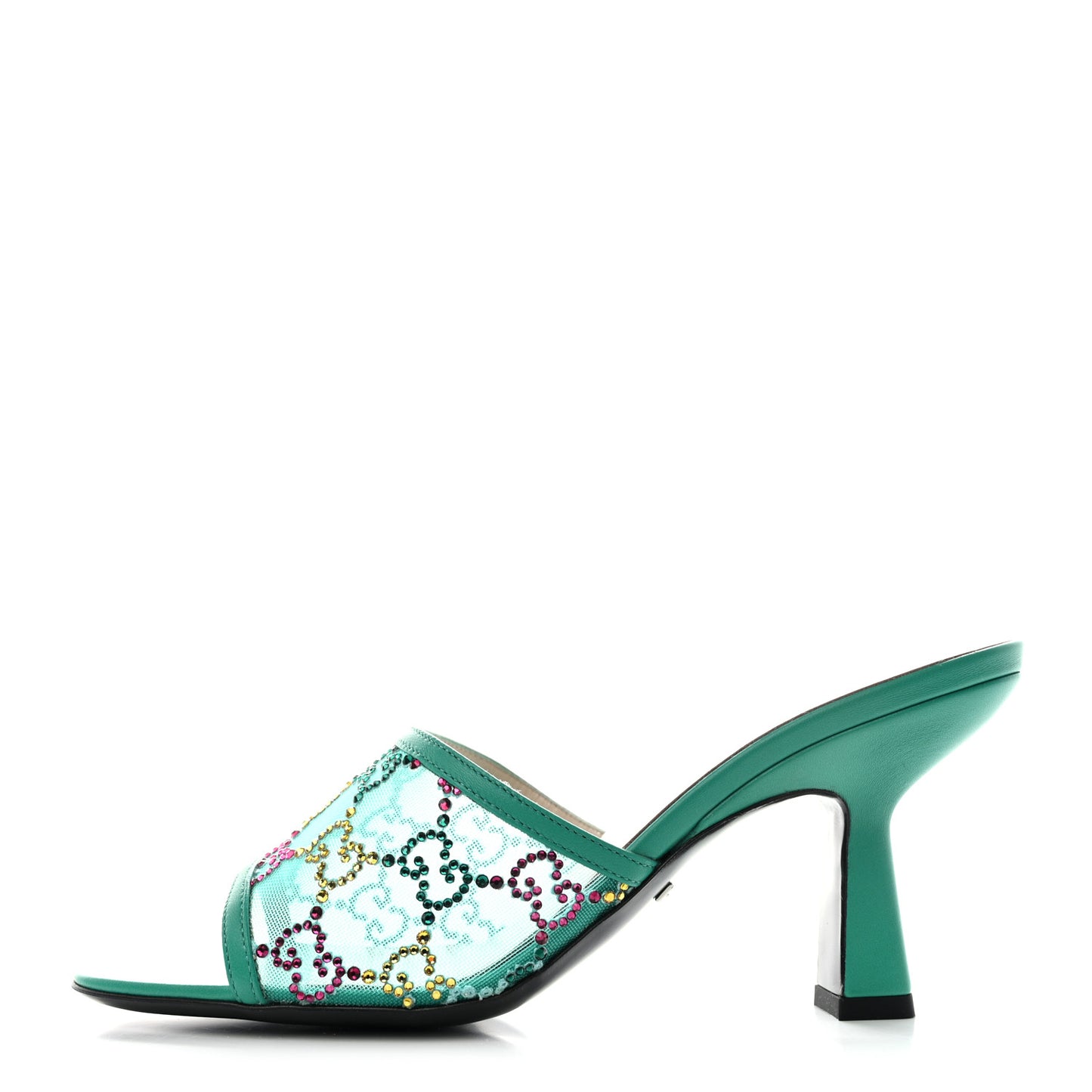 Tela Retino Nappa Crystal GG Monogram Square G 95mm Slide Sandals 37 Turquoise