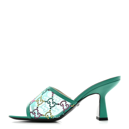 Gucci Tela Retino Nappa Crystal GG Monogram Square G 95mm Slide Sandals 37 Turquoise 1 of 8