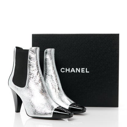 Chanel Laminated Goatskin Patent CC Cap Toe Short Boots 36 Silver 9 of 9
