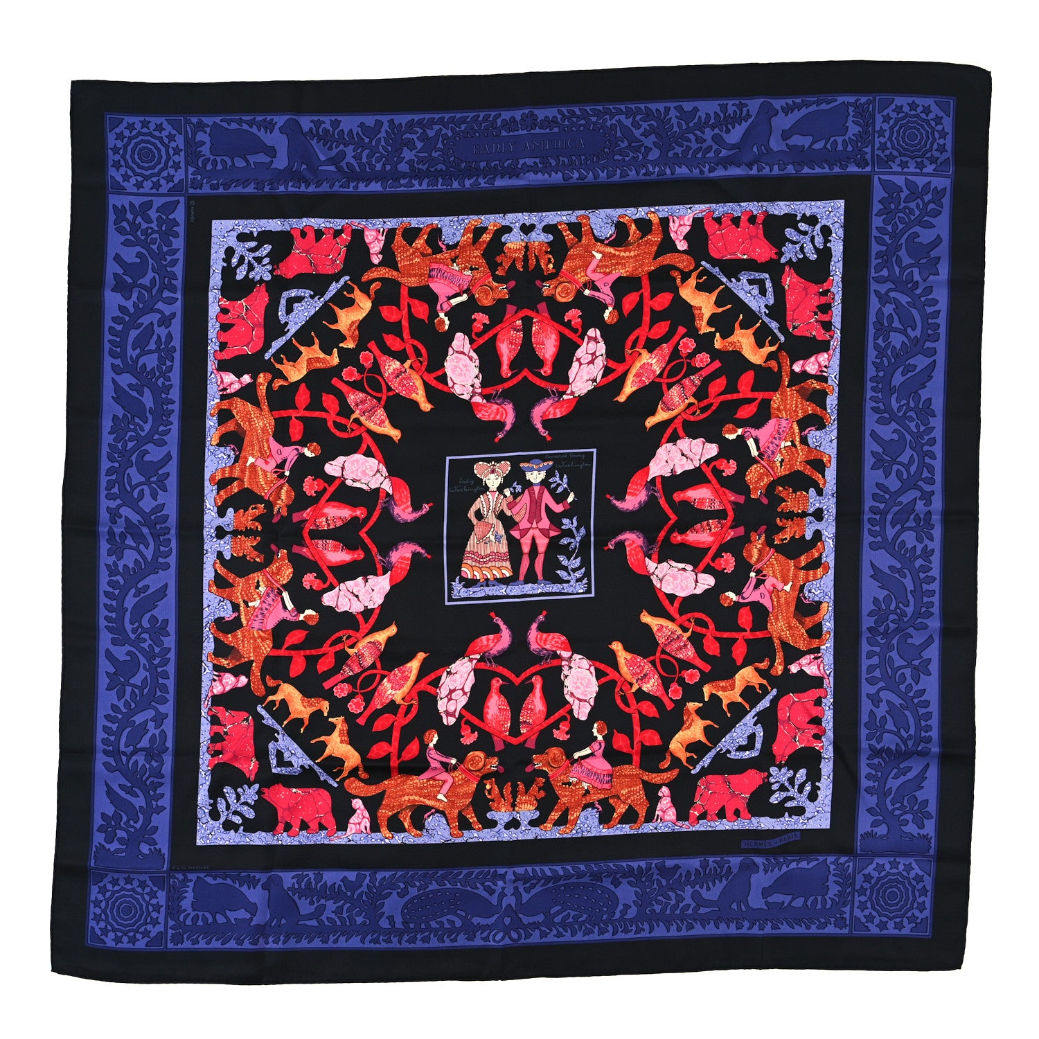 Hermes Silk Early America Scarf 90 Noir Bleu Nuit Rouge 1 of 4