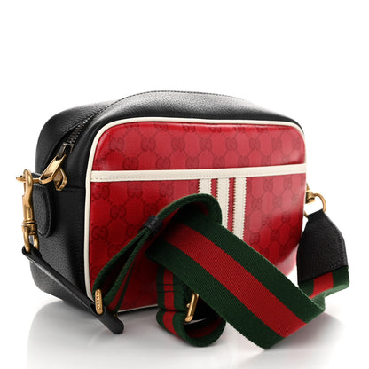 Gucci X ADIDAS Crystal Vintage Monogram Textured Dollar Calfskin Web Trefoil Logo Small Messenger Bag Hibiscus Red Off White Black 3 of 9