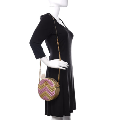 Gucci Metallic Calfskin Matelasse Mini GG Marmont Round Shoulder Bag Gold Pink 2 of 10