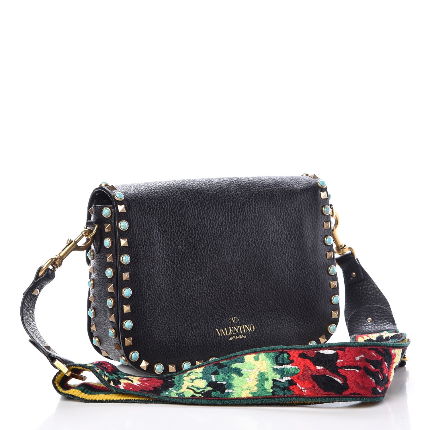 Valentino Garavani Pebbled Calfskin Turquoise Medium Guitar Strap Rockstud Rolling Flap Saddle Bag Black 3 of 9
