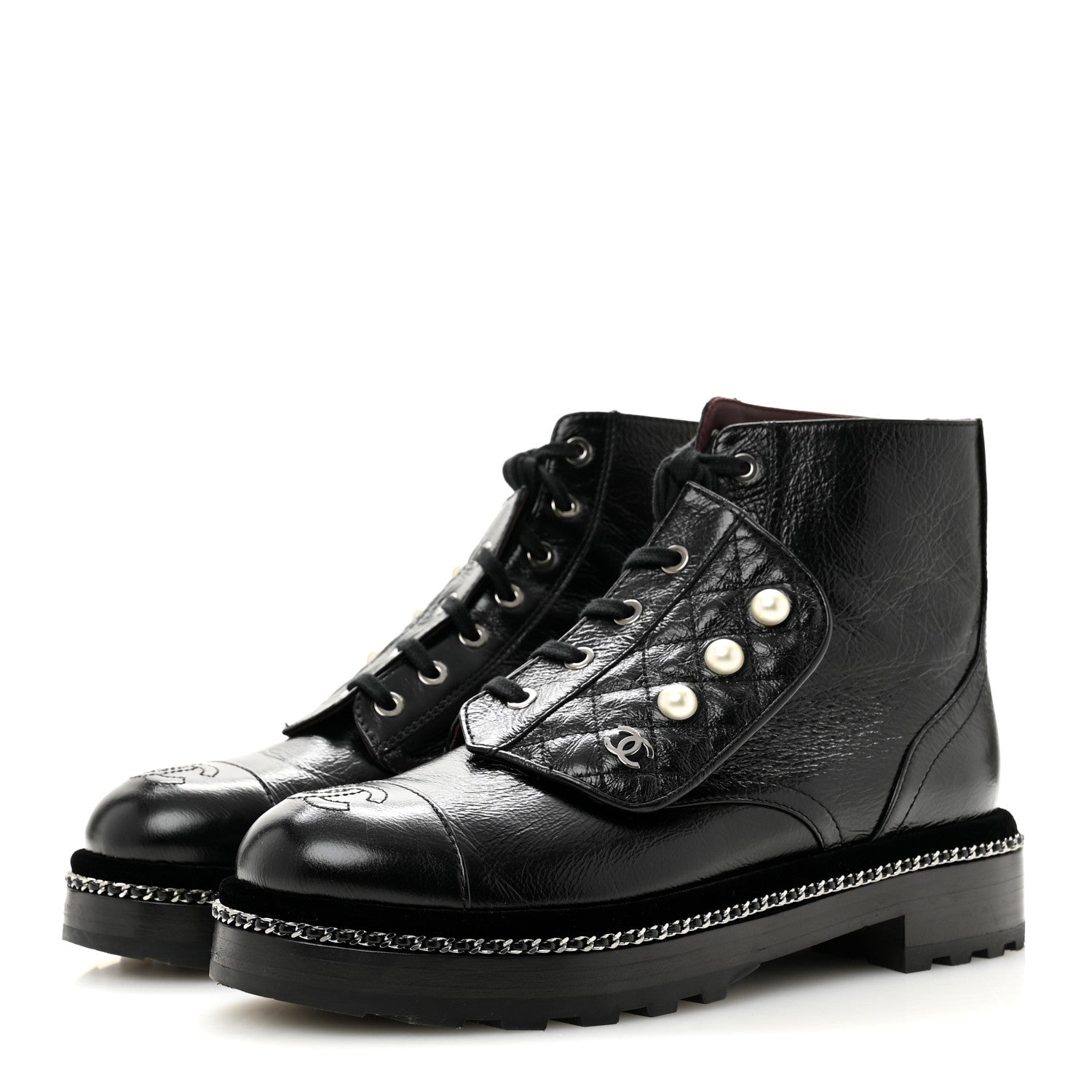 Chanel Crackled Calfskin Velvet Pearl Combat Short Boots 38.5 Black 4 of 10