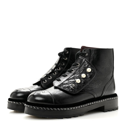 Chanel Crackled Calfskin Velvet Pearl Combat Short Boots 38.5 Black 4 of 10