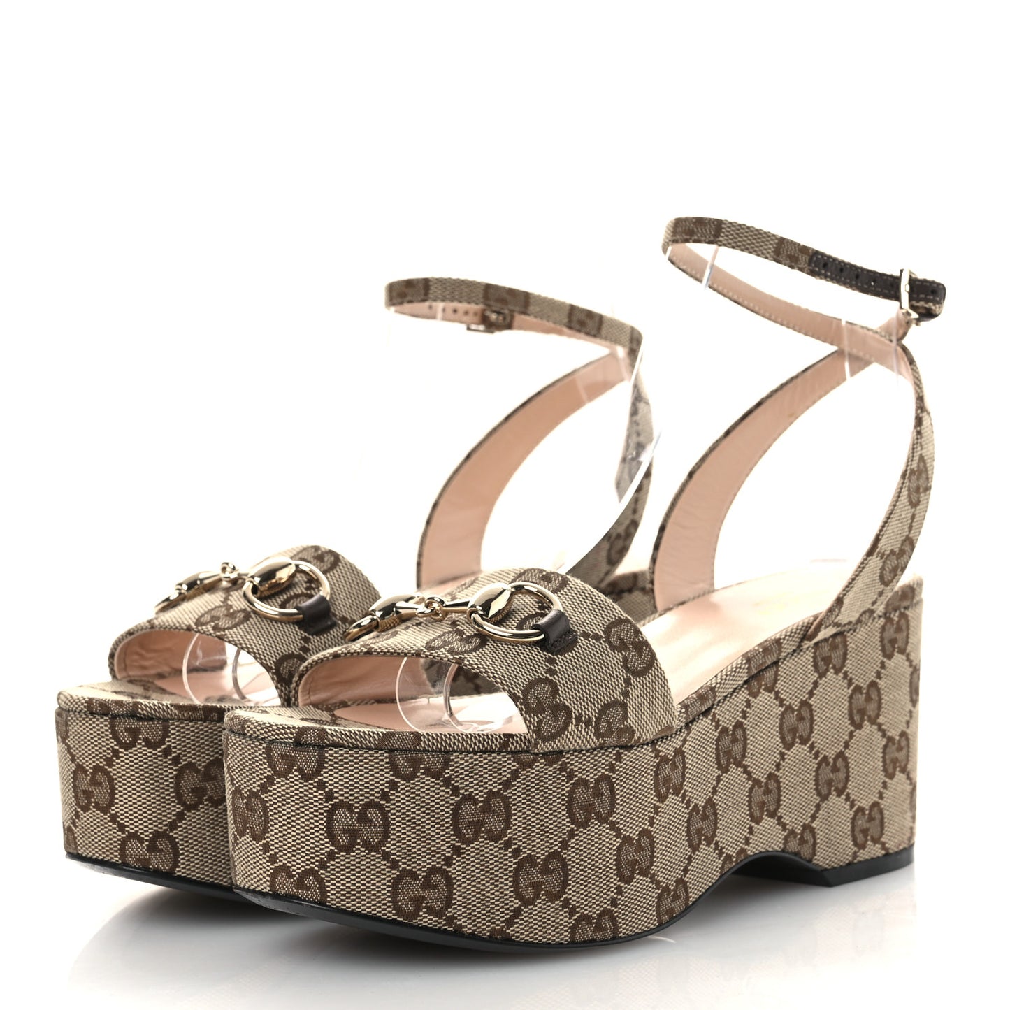 Monogram Nappa Chalotte Horsebit Ankle Strap 75mm Flatform Sandals 35.5 Beige Ebony