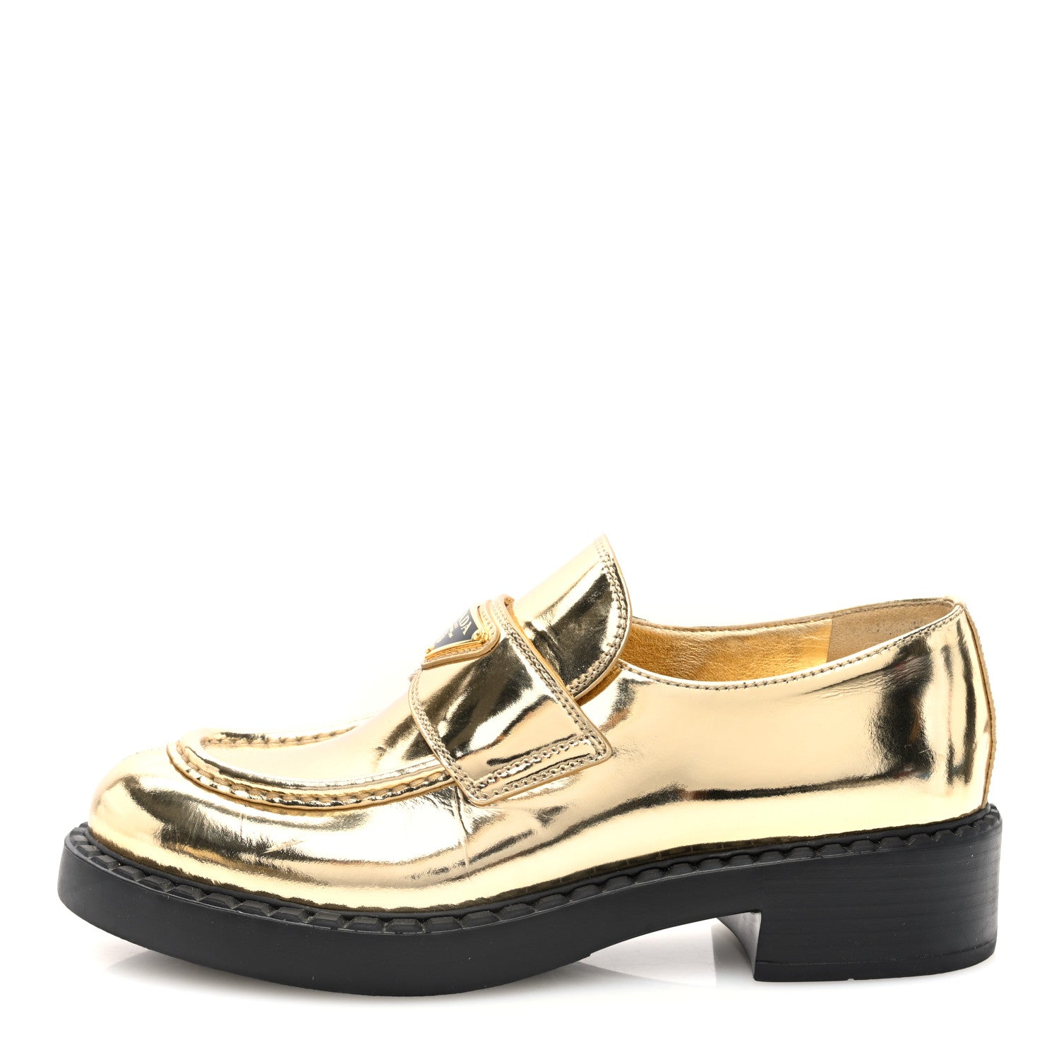 Prada Metallic Brushed Calfskin Metal Triangle Logo 50mm Loafers 39 Platino 1 of 7