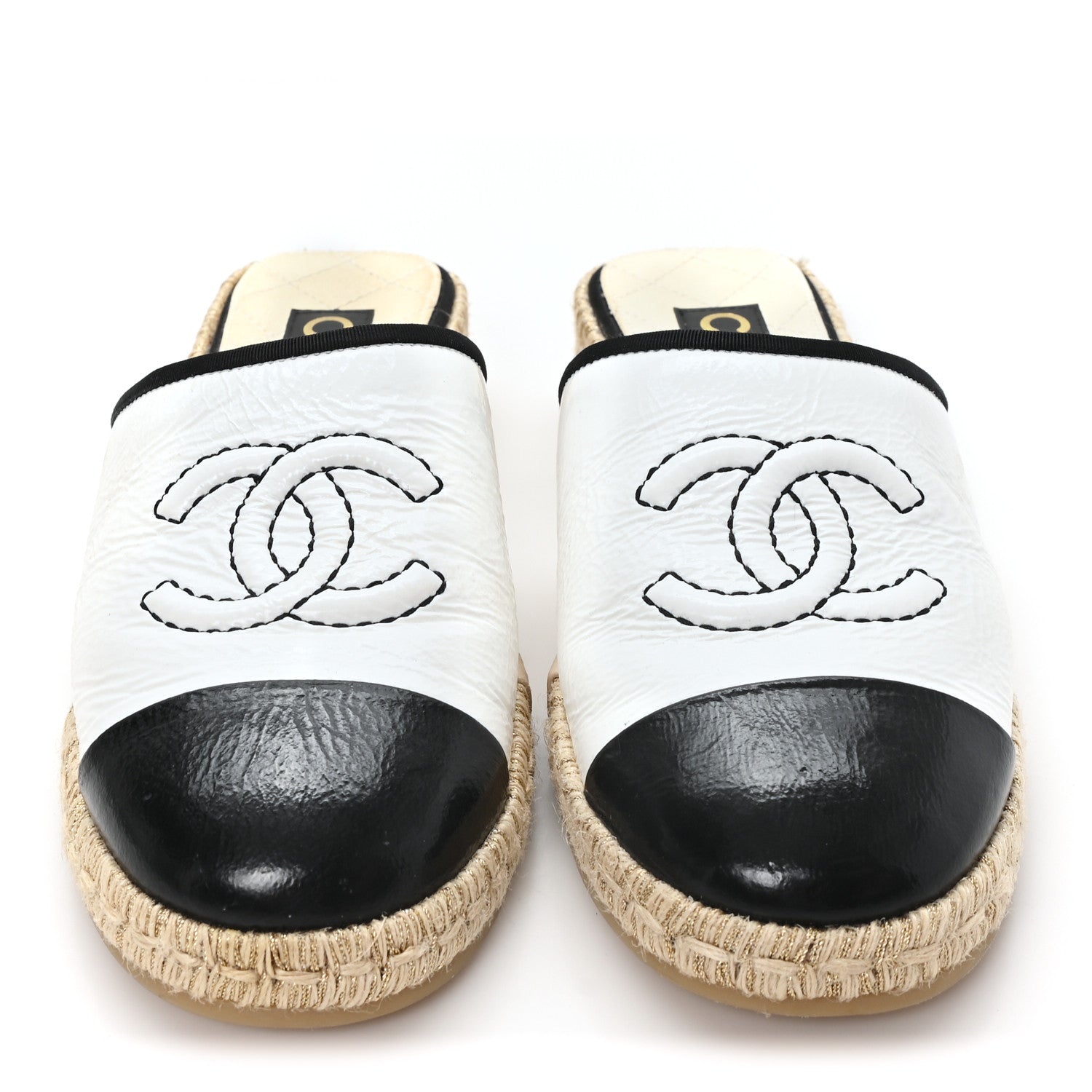 Chanel Crumpled Goatskin CC Espadrille Mules 36 White Black 3 of 9