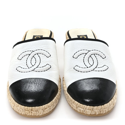 Chanel Crumpled Goatskin CC Espadrille Mules 36 White Black 3 of 9