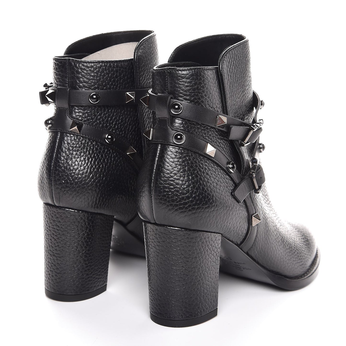 Pebbled Calfskin Onyx Rockstud Rolling Double Buckle 70mm Block Heel Ankle Boots 37.5 Black