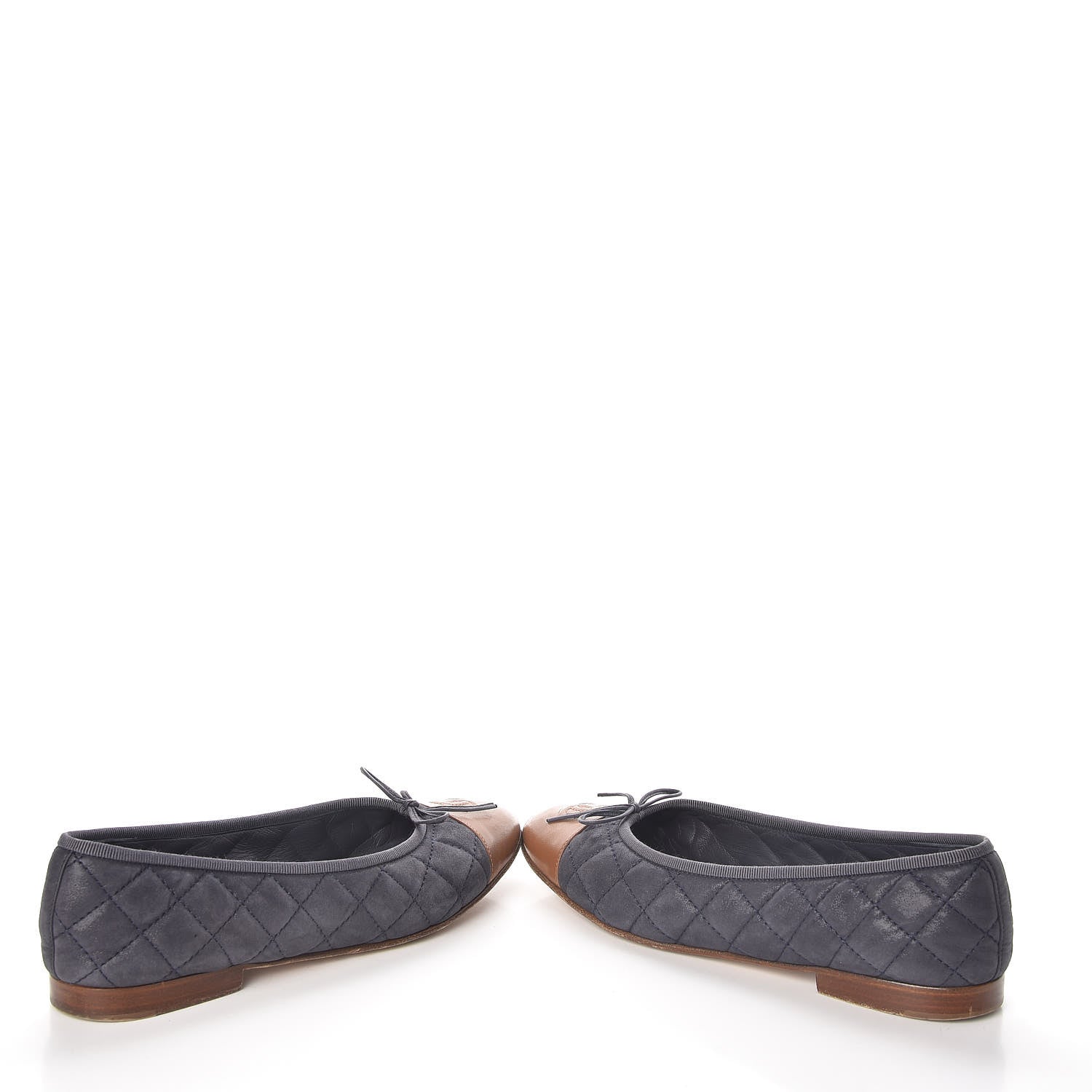 Chanel Iridescent Calfskin Quilted CC Cap Toe Ballerina Flats 37.5 Navy Tan 6 of 12