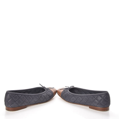 Chanel Iridescent Calfskin Quilted CC Cap Toe Ballerina Flats 37.5 Navy Tan 6 of 12