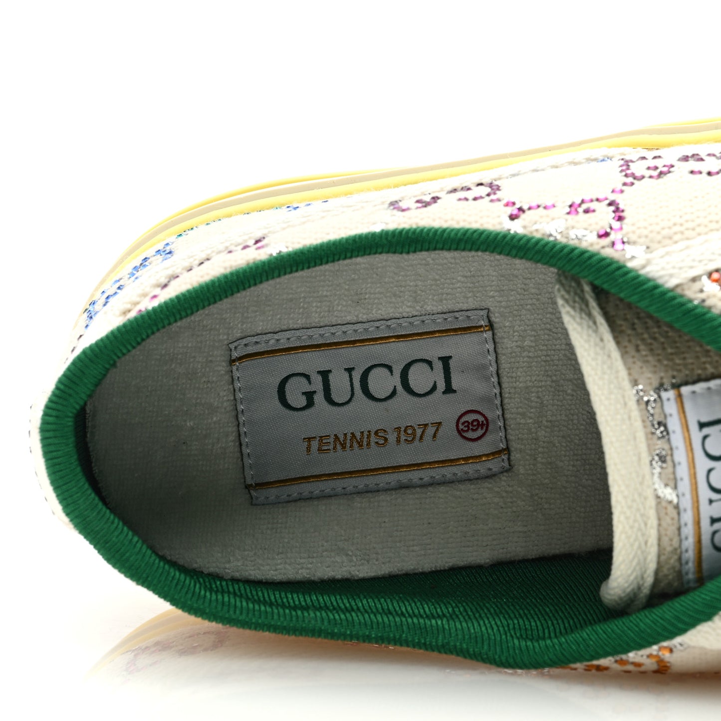 Canvas Lame Crystal GG Monogram Womens 1977 Tennis Sneakers 39.5 Gardenia Silver Mystic White