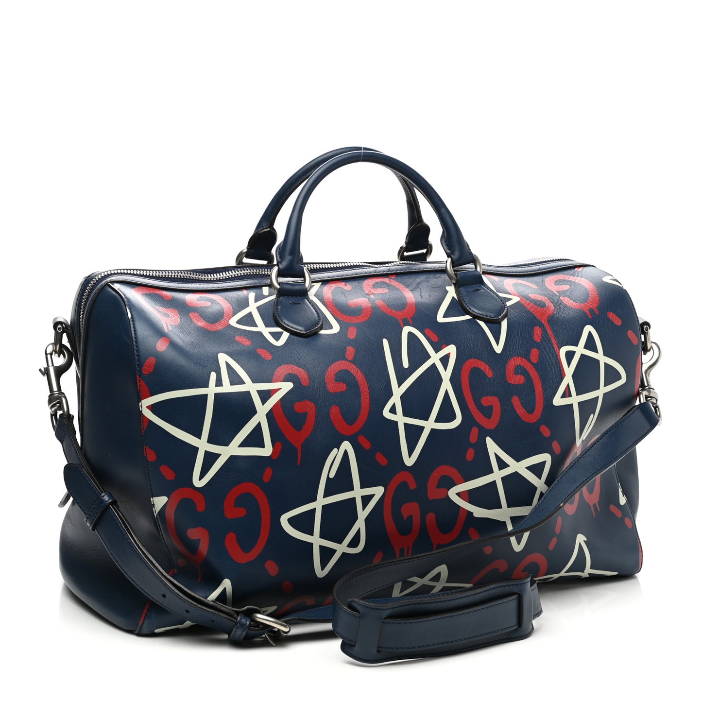 Calfskin GucciGhost Print Duffle Blue Agata Hibiscus Red