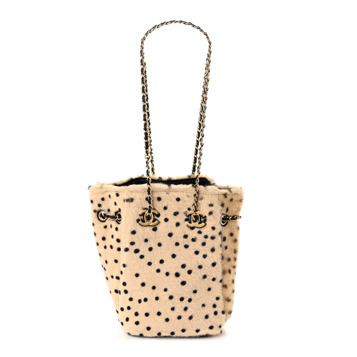 Pony Hair Cheetah Printed CC Chain Bucket Bag Light Beige Black