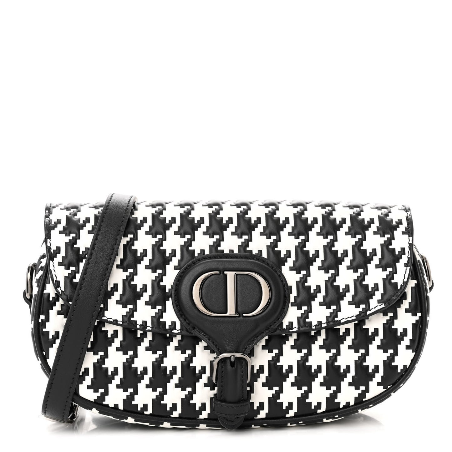 Box Calfskin Houndstooth Quilted East West Bobby Bag Black White