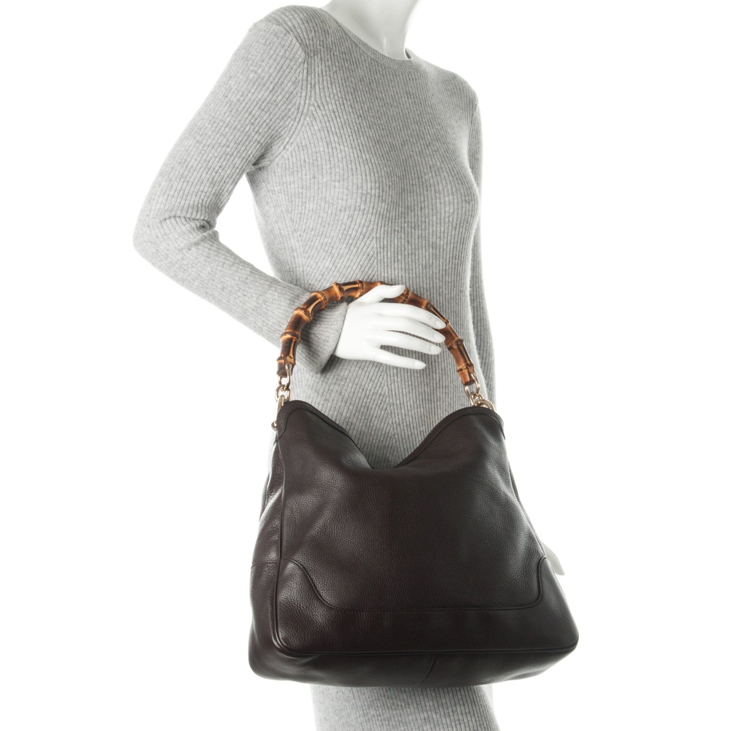 Pebbled Calfskin Medium Diana Bamboo Shoulder Bag Dark Brown