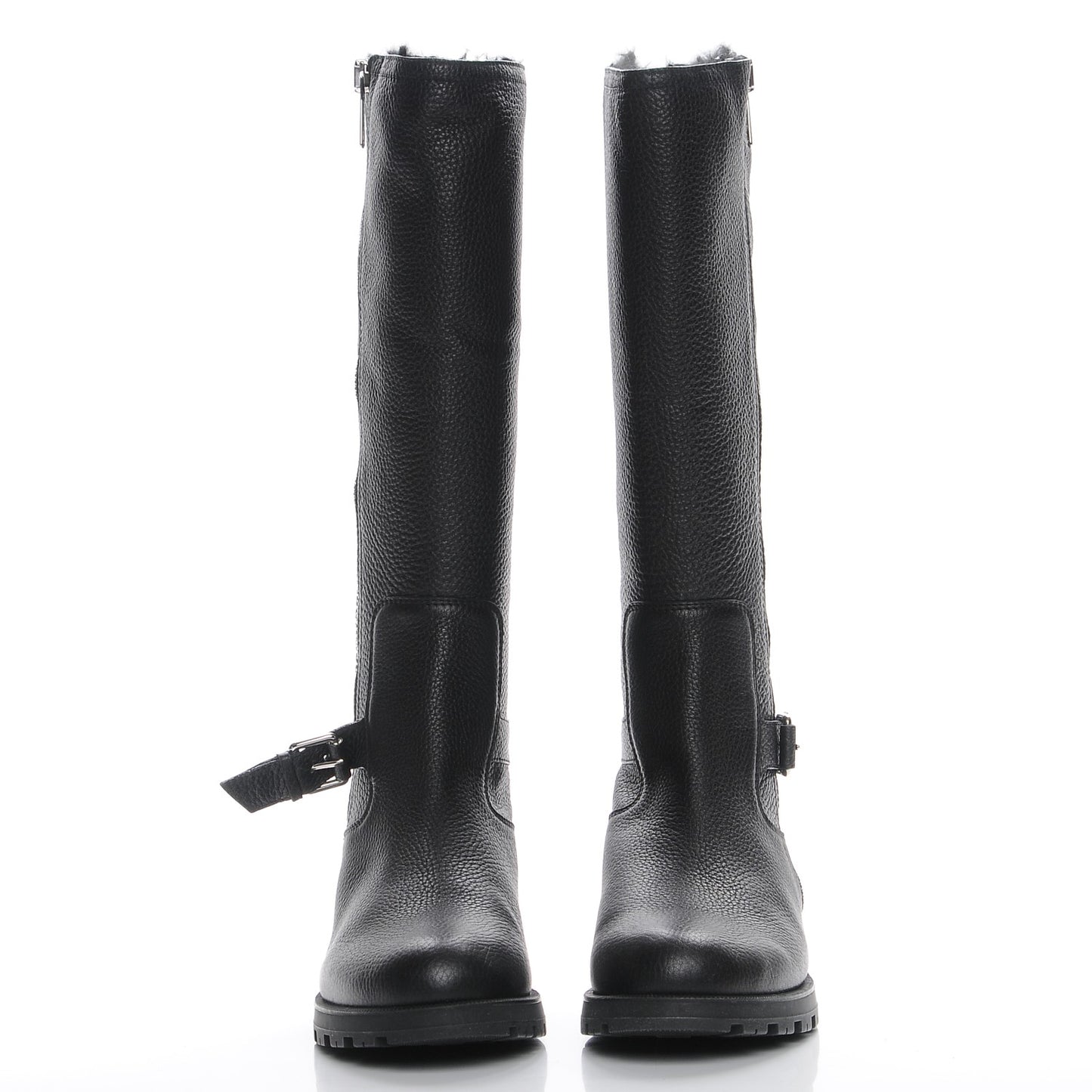 Calfskin Rabbit Fur Knee High Boots Black 39