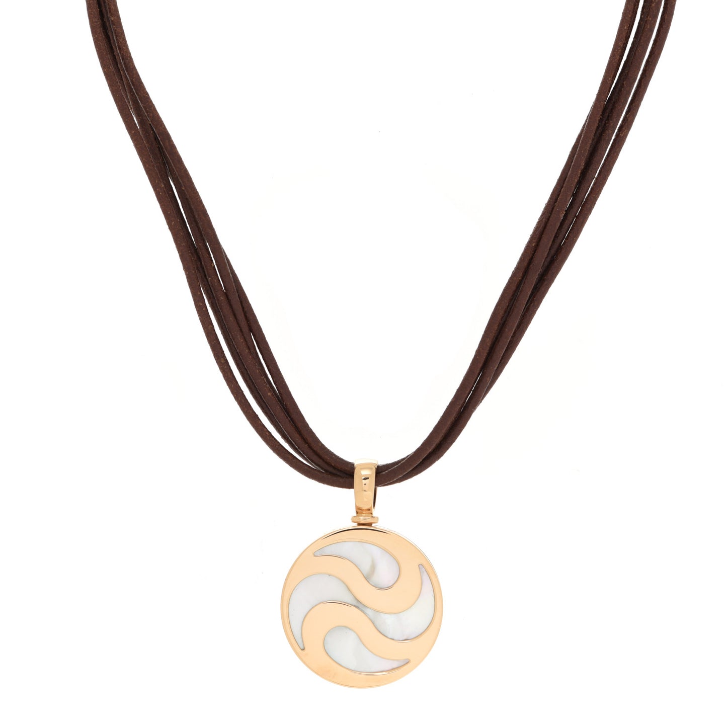 Stainless Steel 18K Yellow Gold Leather Mother of Pearl Optical Illusion Pendant Necklace