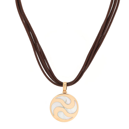 Bulgari Stainless Steel 18K Yellow Gold Leather Mother of Pearl Optical Illusion Pendant Necklace 1 of 7