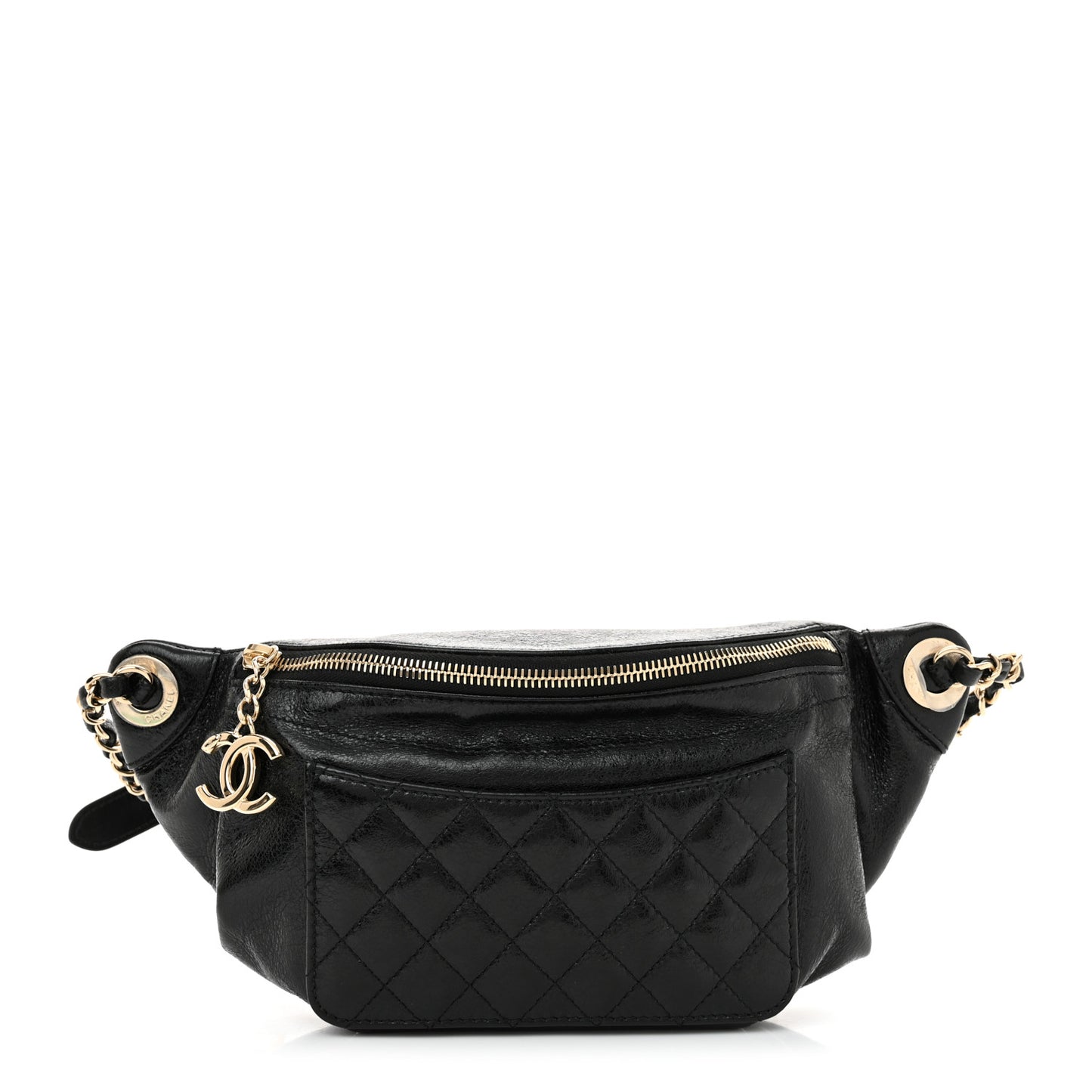 Crumpled Glazed Lambskin Quilted Waist Bag Fanny Pack Black