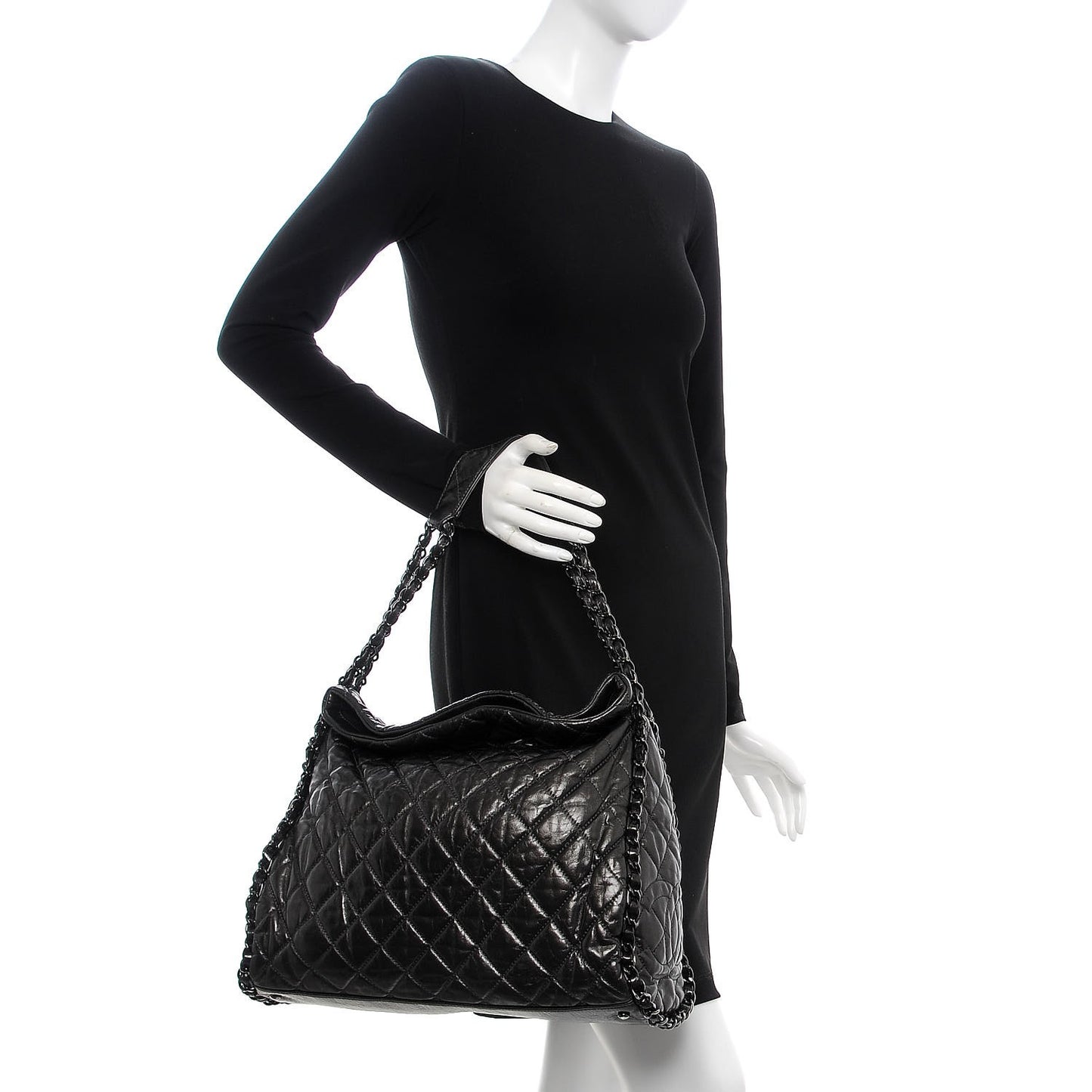 Metallic Calfskin Quilted Large Chain Me Hobo Dark Grey