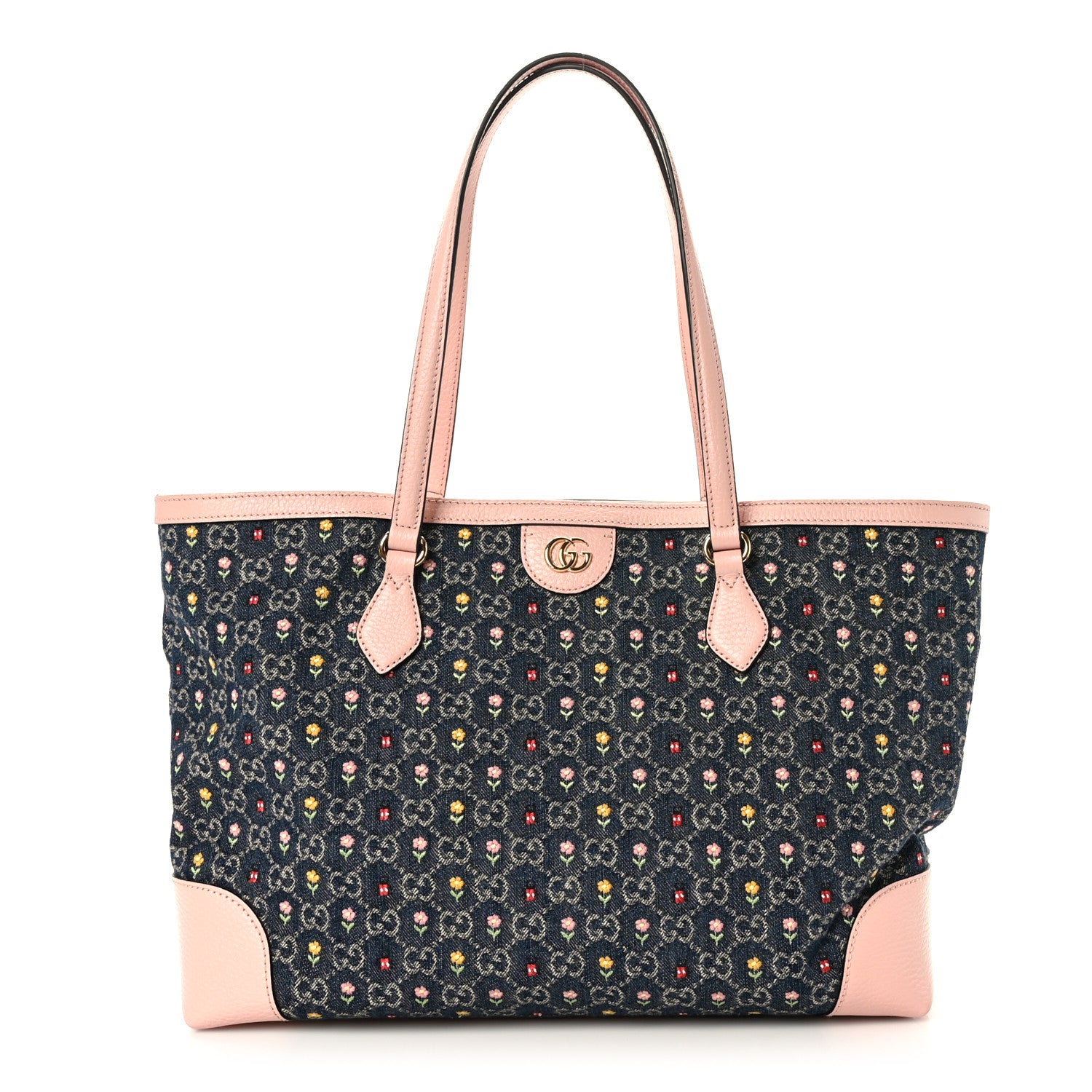 Gucci New Denim Dollar Calfskin Floral GG Monogram Medium Ophidia Shopping Tote Blue Tea Multicolor Powder Pink 1 of 9