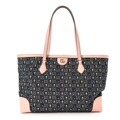Gucci New Denim Dollar Calfskin Floral GG Monogram Medium Ophidia Shopping Tote Blue Tea Multicolor Powder Pink 1 of 9
