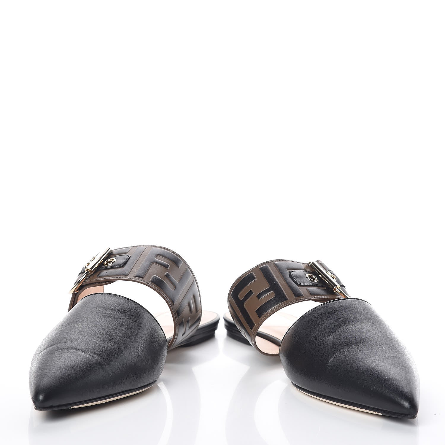 Fendi Vitello FF Embossed Buckle Flat Mules 38.5 Maya Black 5 of 10