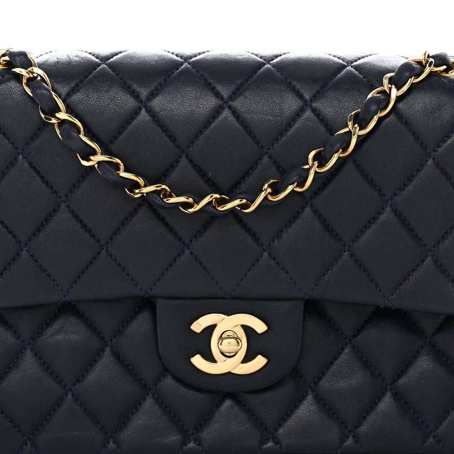 Lambskin Quilted Medium Double Flap Navy