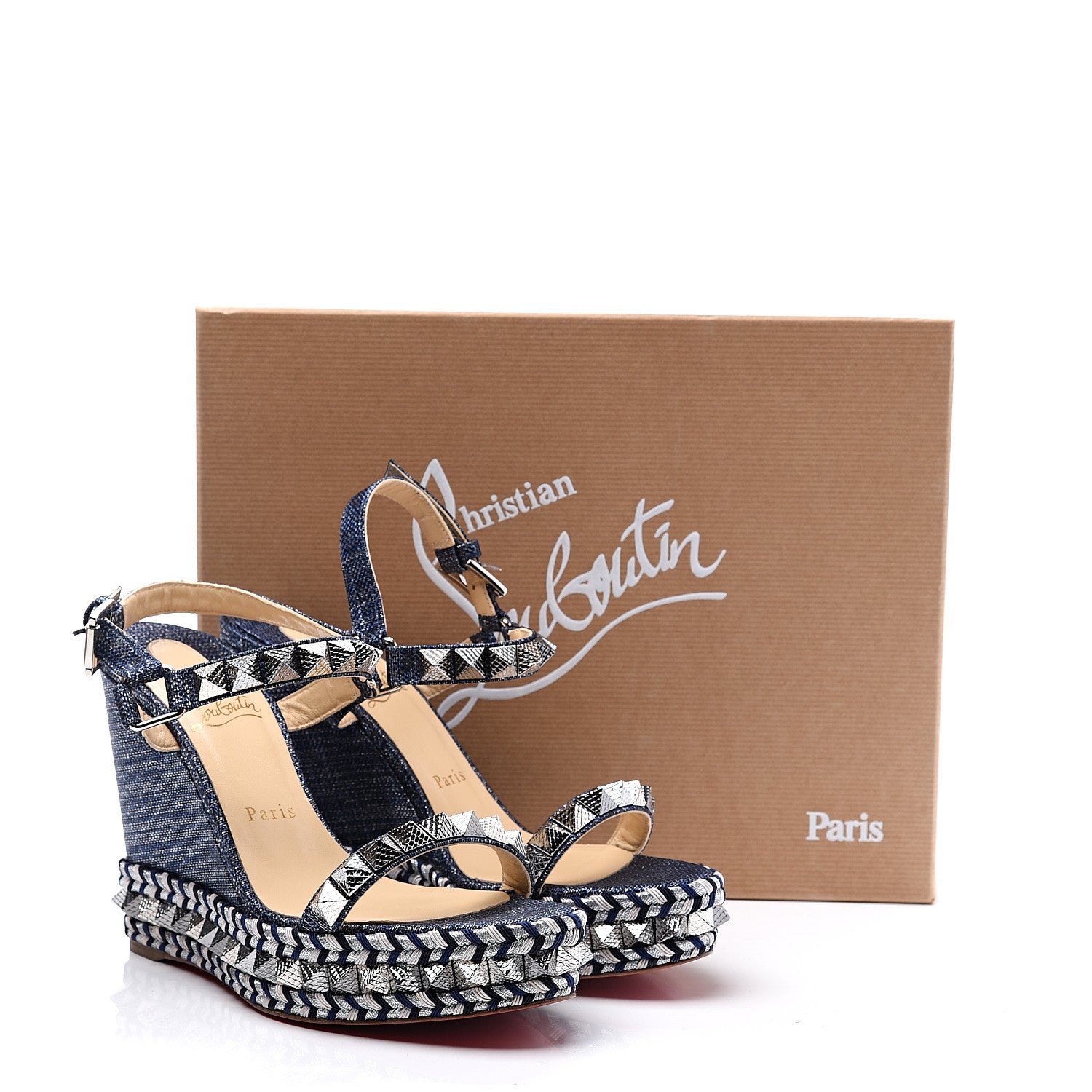 Christian Louboutin Lame Lux Pyraclou 110 Wedge Sandals 39 Denim 10 of 10