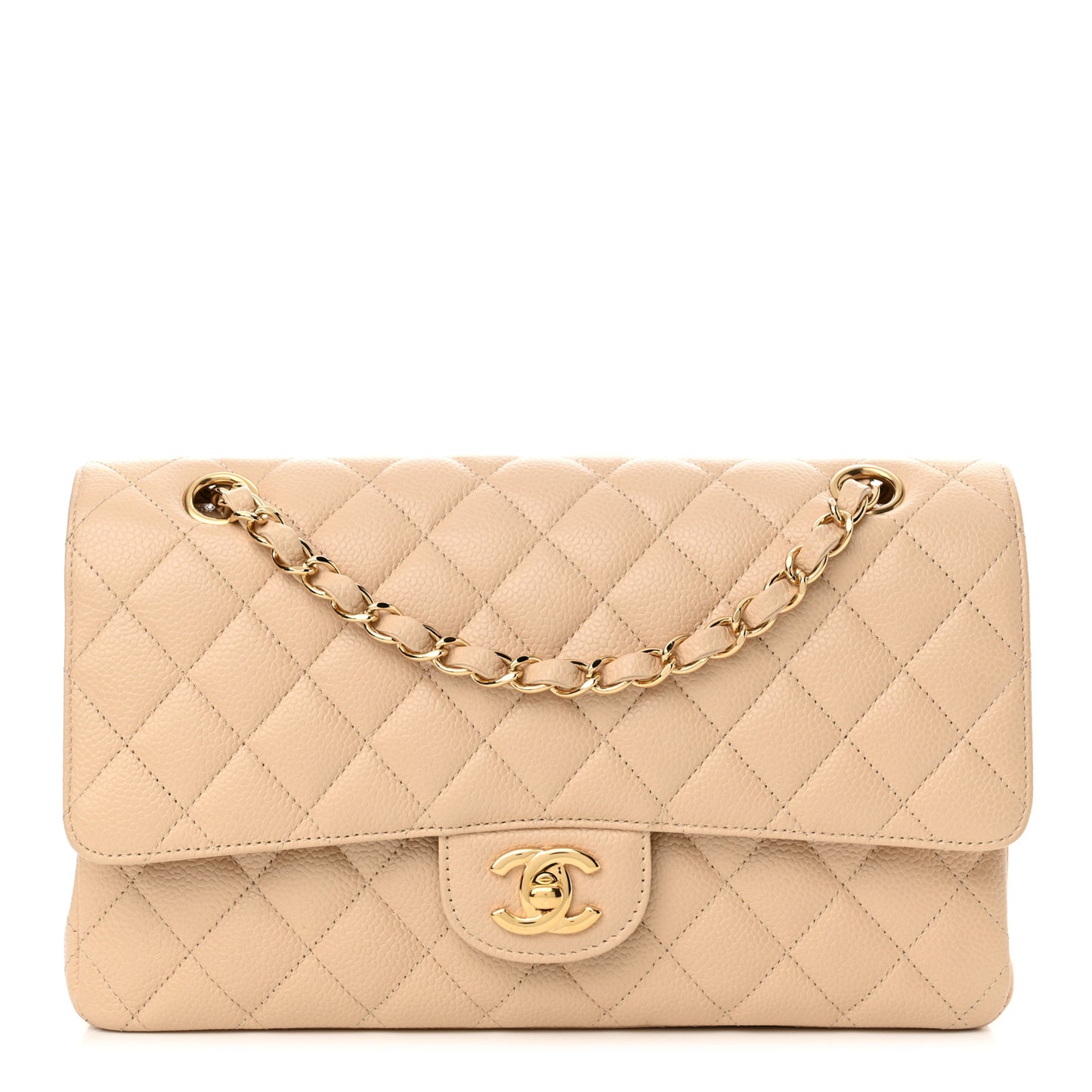 Caviar Quilted Medium Double Flap Beige