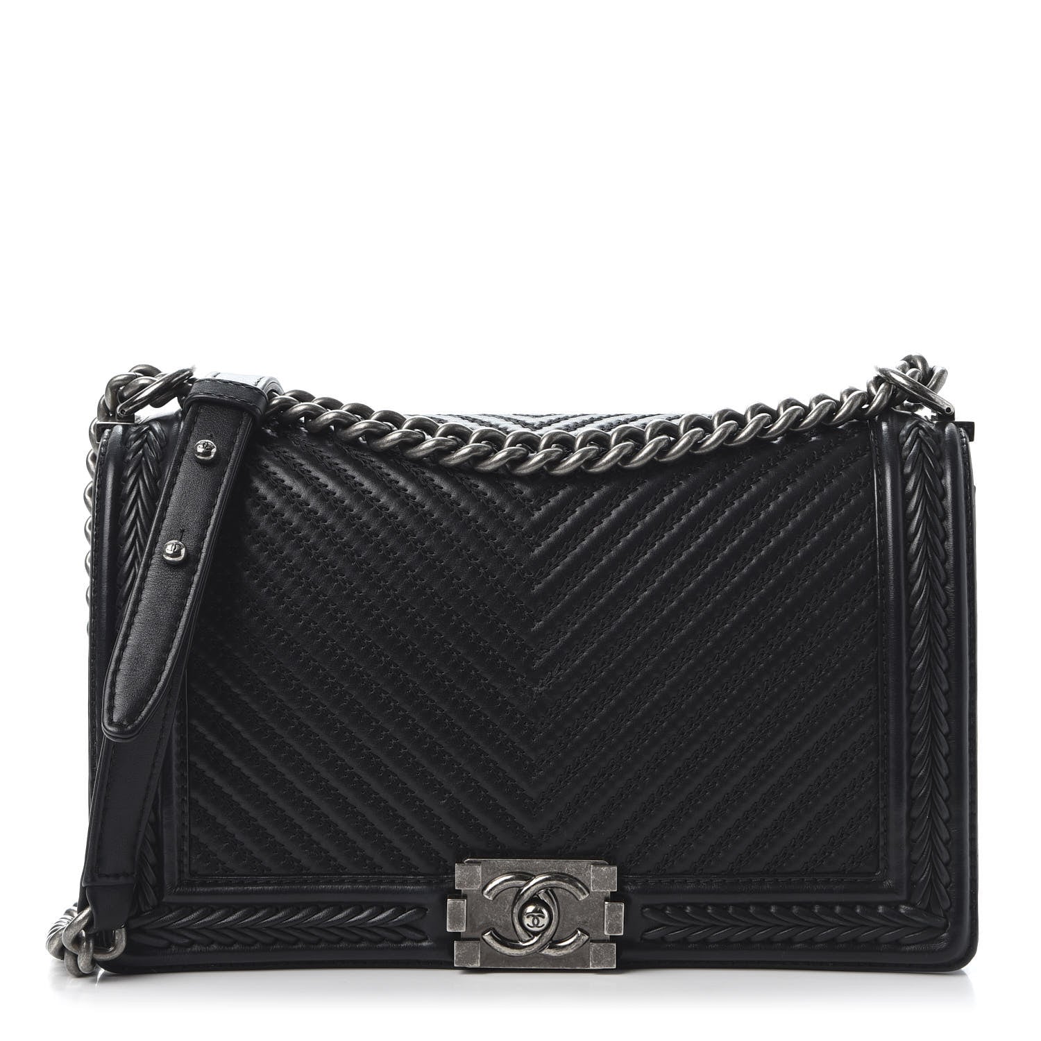 Chanel Calfskin Chevron Quilted New Medium Braided Boy Flap Black 1 of 10