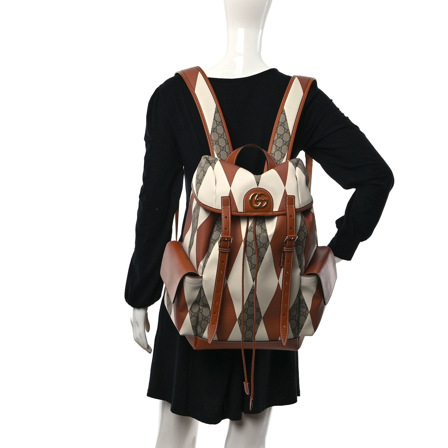 GG Supreme Monogram Calfskin Rhombus Print Medium Ophidia Double Buckle Backpack Beige Ebony Mystic White Hazel Brown