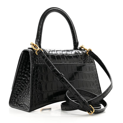 Balenciaga Shiny Calfskin Crocodile Embossed Small Hourglass Top Handle Bag Black 3 of 9