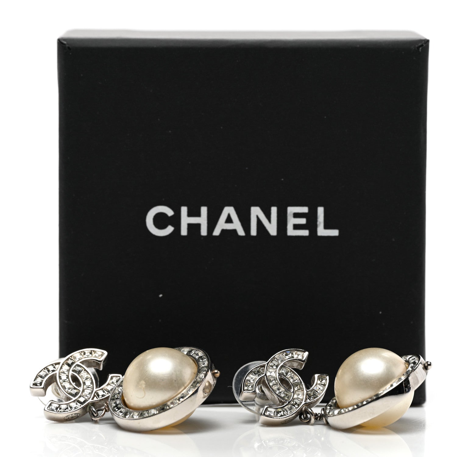 Chanel Baguette Crystal CC Pearl Drop Art Decoco Earrings Silver 4 of 4