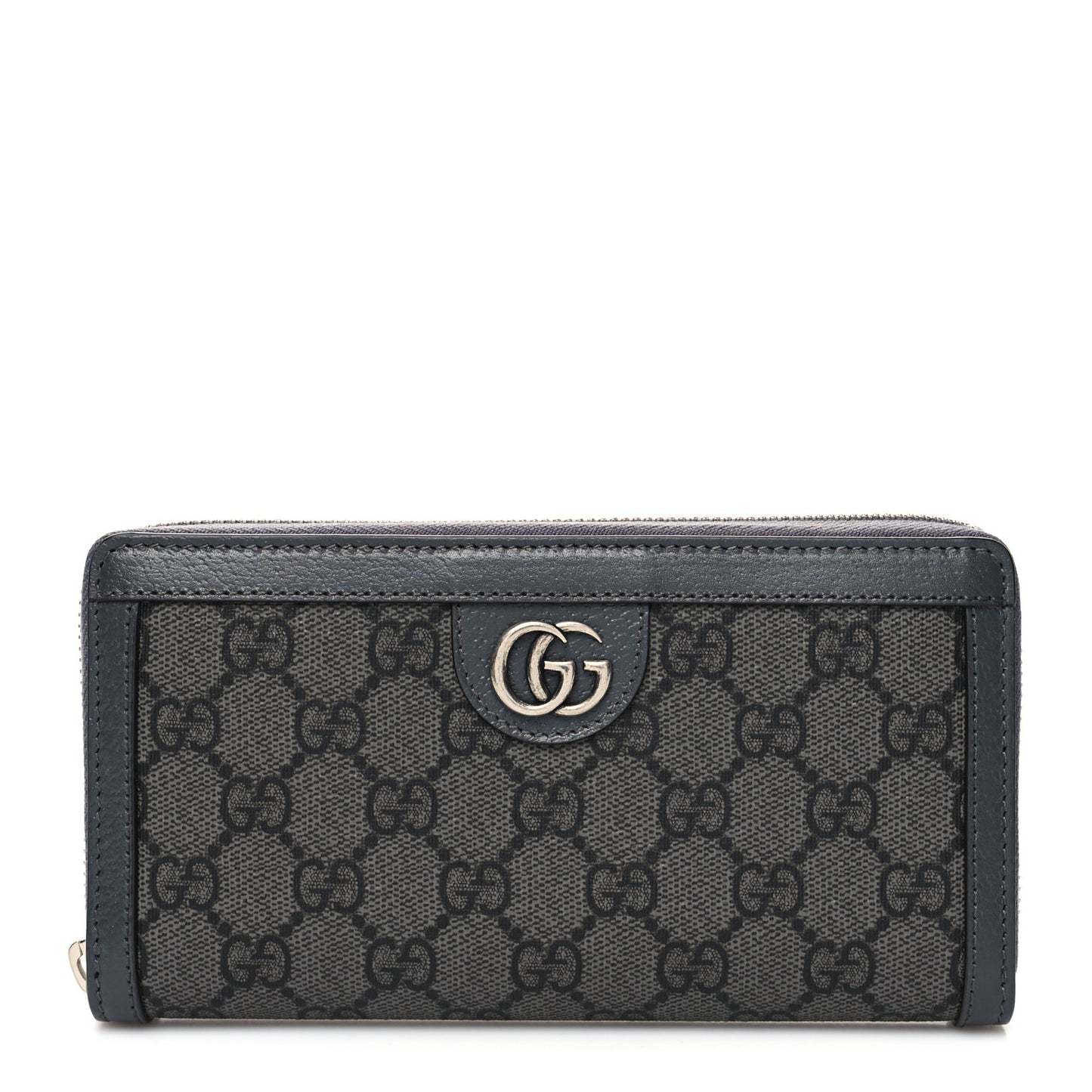 GG Supreme Monogram Textured Dollar Calfskin Ophidia Zip Around Wallet Grey Black Graphite Grey