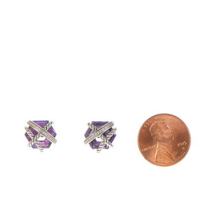 David Yurman Sterling Silver Pave Diamond Amethyst 10mm Cable Wrap Earrings 2 of 3
