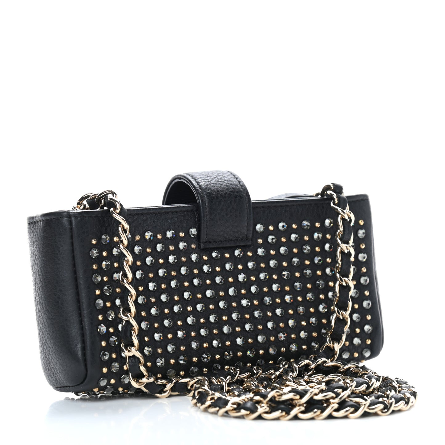 Calfskin Strass Studded Mini Phone Holder Clutch Black
