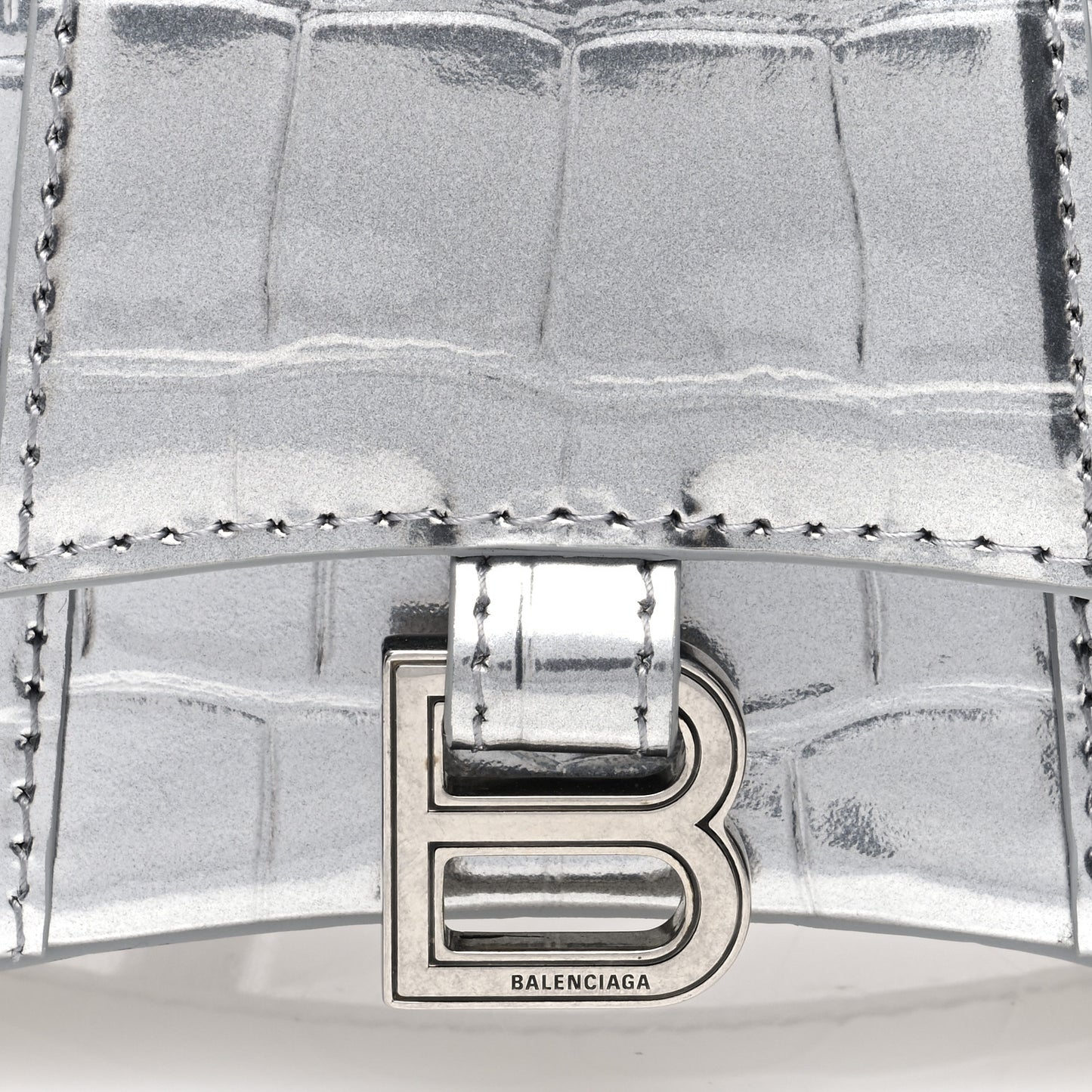 Metallic Calfskin Crocodile Embossed Hourglass Top Handle Bag Mini Silver