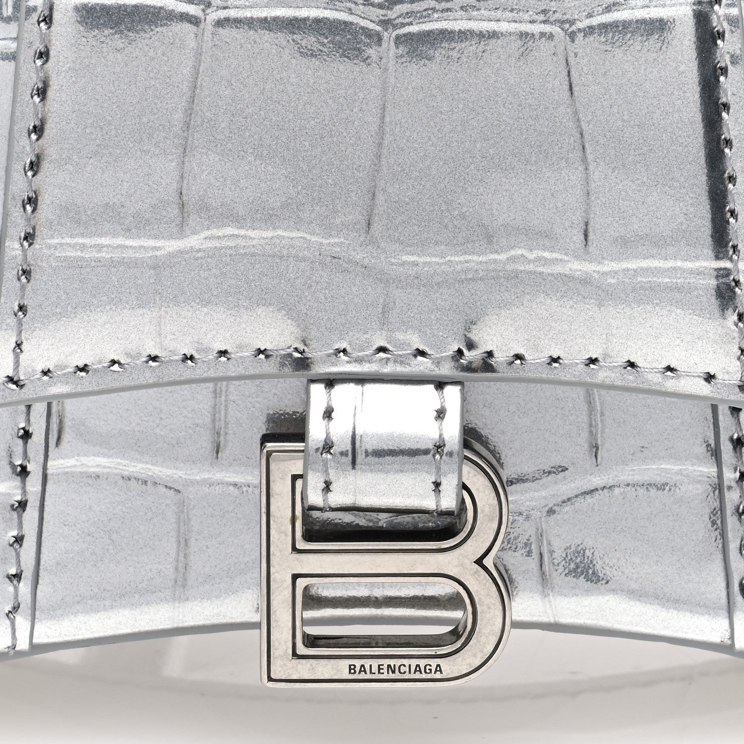 Balenciaga Metallic Calfskin Crocodile Embossed Hourglass Top Handle Bag Mini Silver 7 of 9