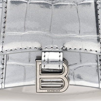 Balenciaga Metallic Calfskin Crocodile Embossed Hourglass Top Handle Bag Mini Silver 7 of 9