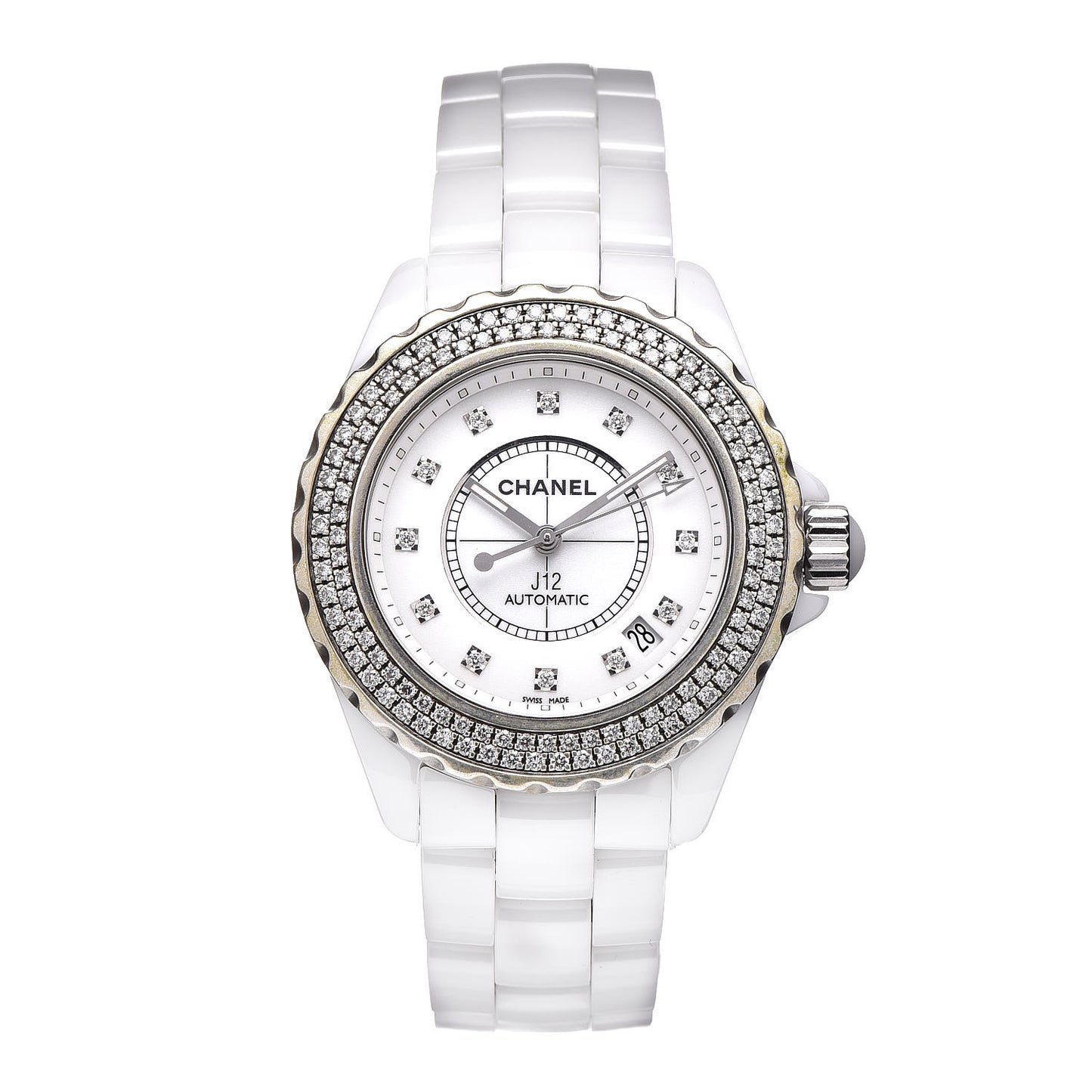 Stainless Steel Ceramic Diamond Pave Bezel 38mm J12 Automatic Watch White