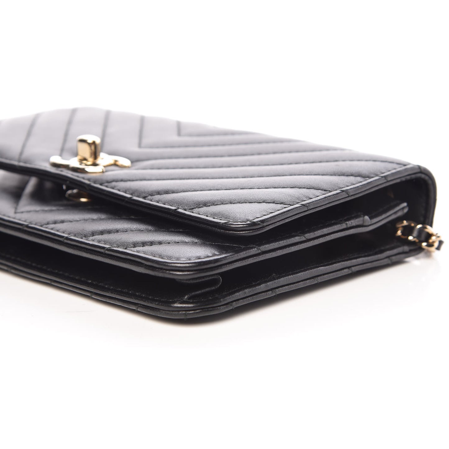 Lambskin Chevron Quilted Trendy CC Wallet On Chain WOC Black