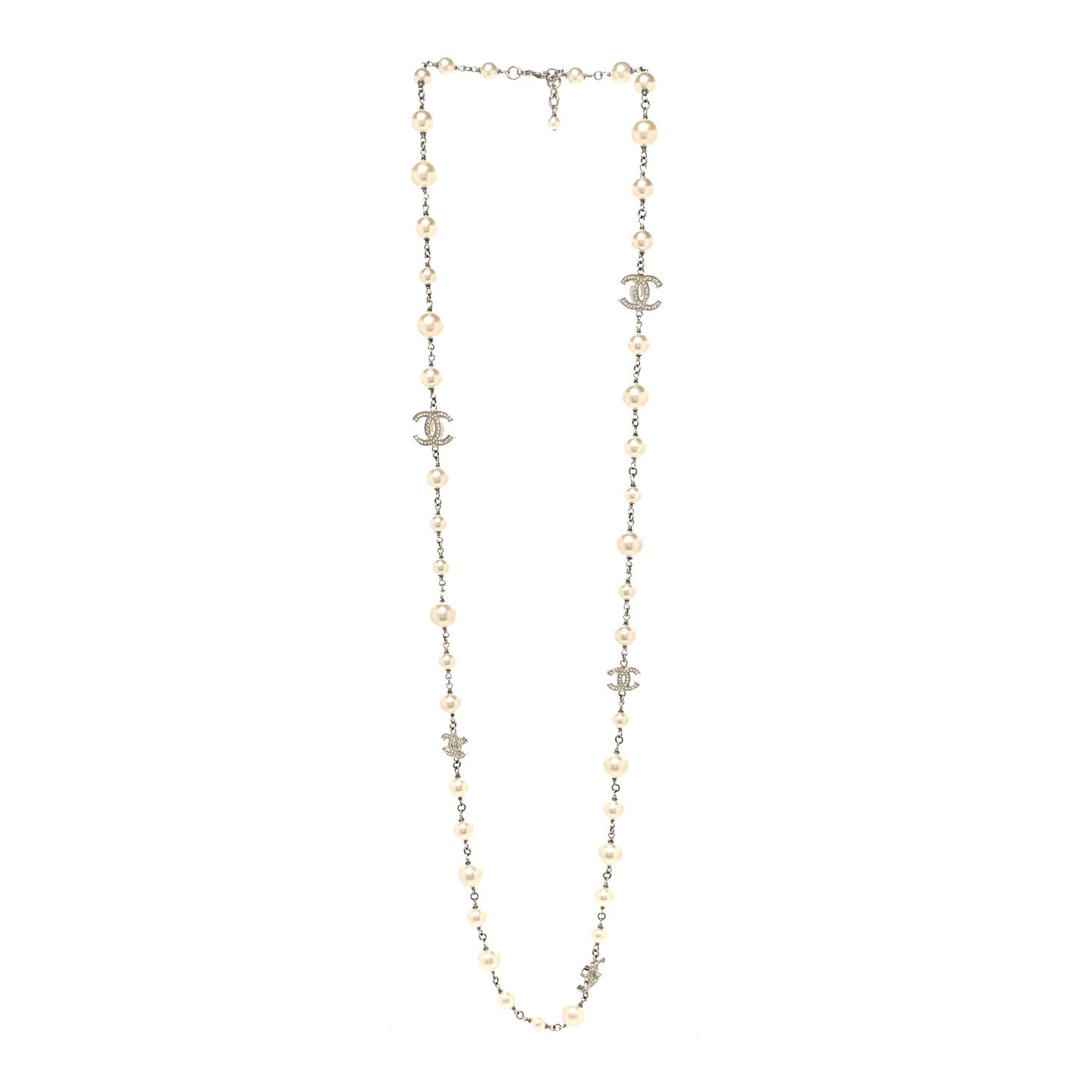Graduated Pearl Crystal CC Long Necklace Silver