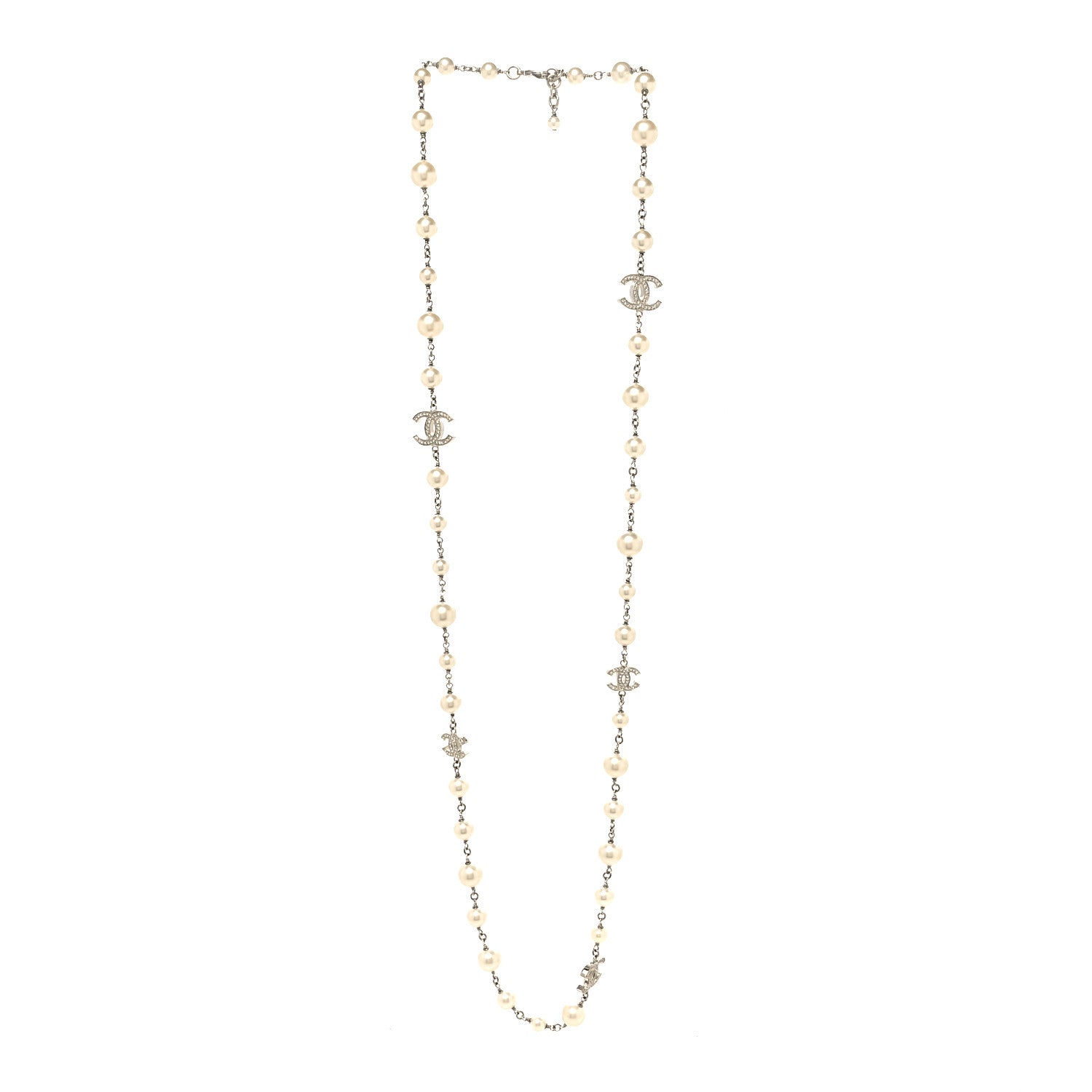 Chanel Graduated Pearl Crystal CC Long Necklace Silver 3 of 5