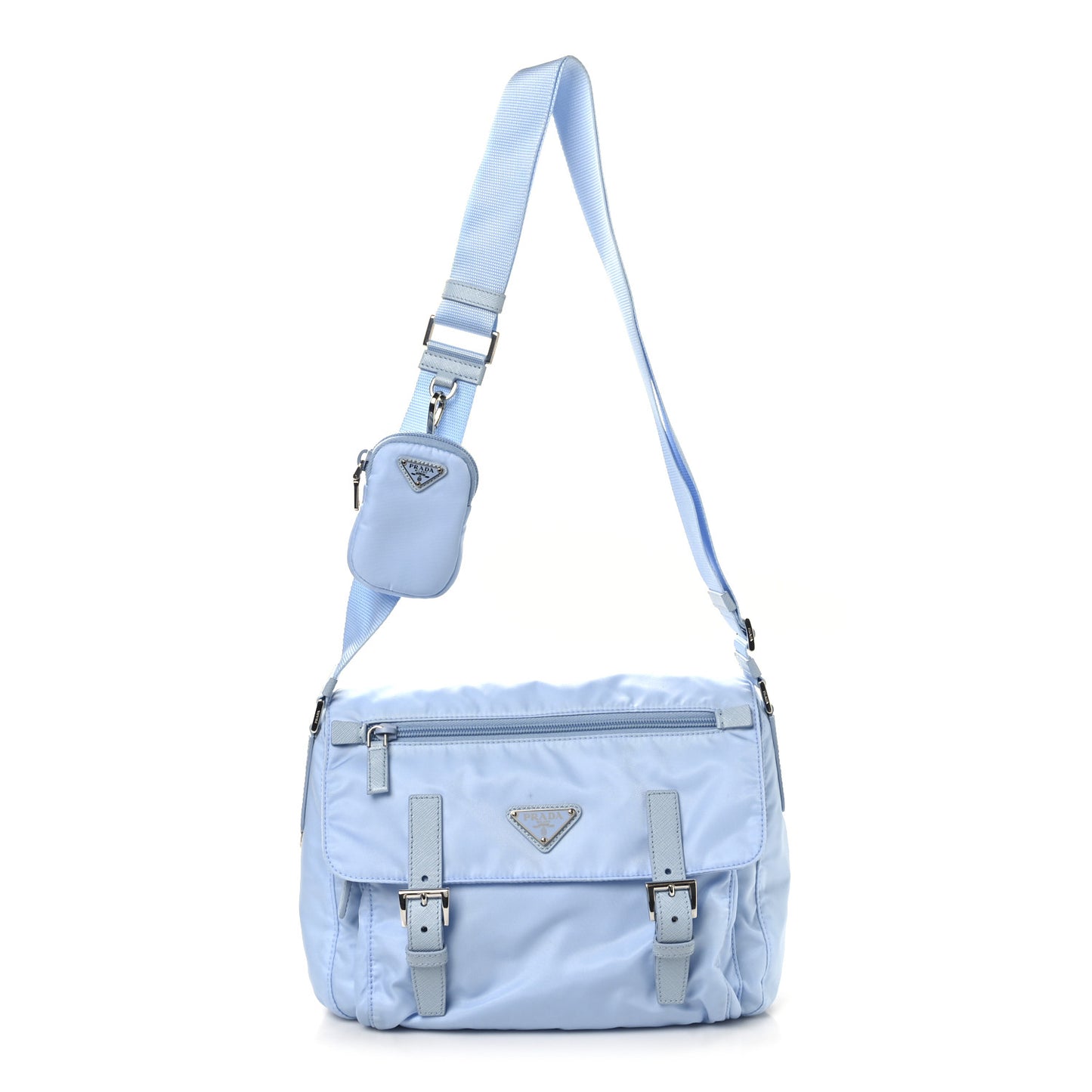 Re-Nylon Vela Saffiano Pocket Double Buckle Messenger Shoulder Bag Celeste