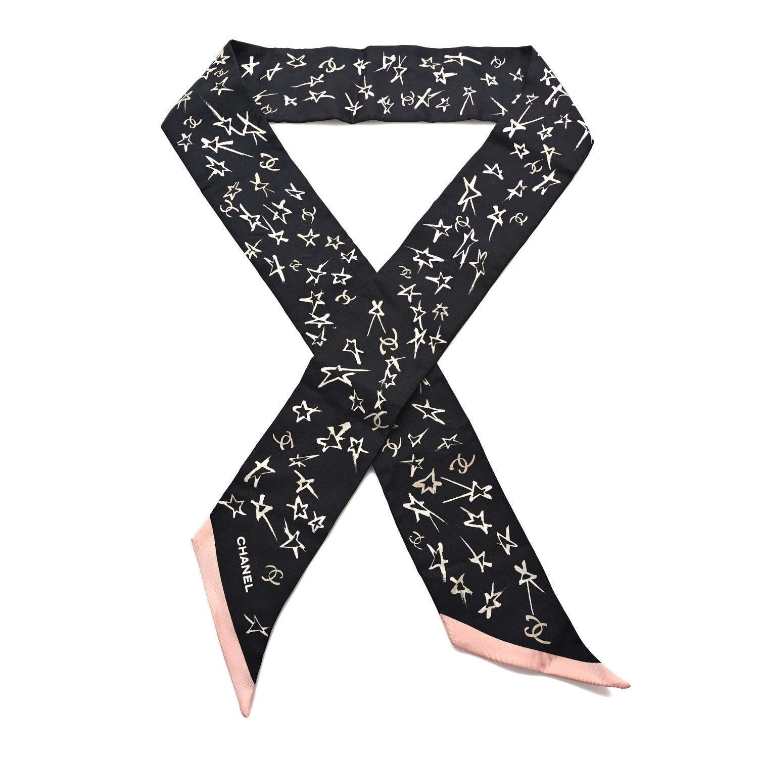 Chanel Silk Stars CC Slim Bandeau Scarf Black Ecru Light Pink 1 of 4