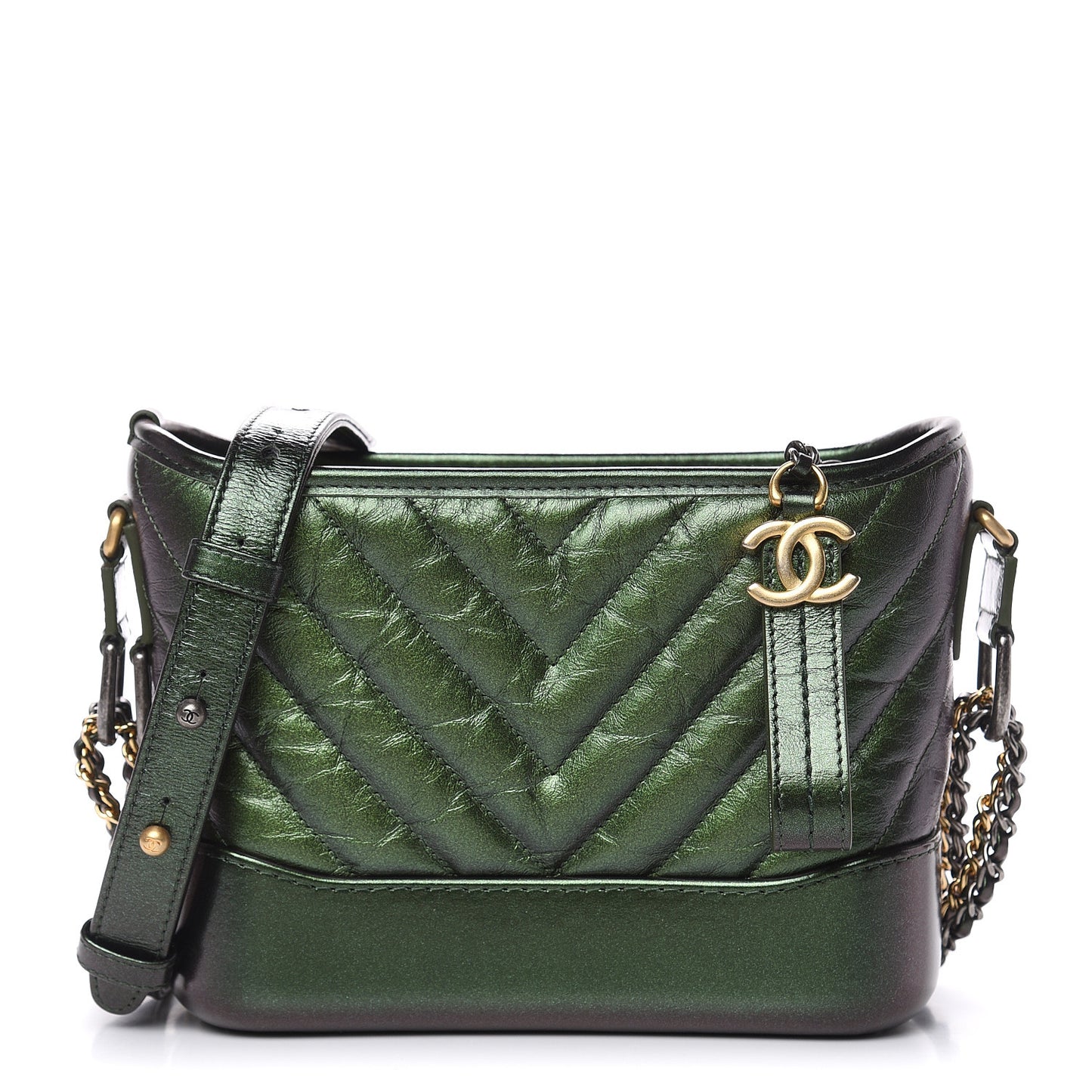 Metallic Calfskin Chevron Quilted Small Gabrielle Hobo Green