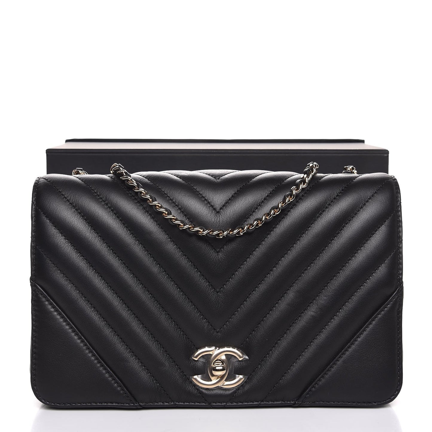 Calfskin Chevron Quilted Statement Flap Black